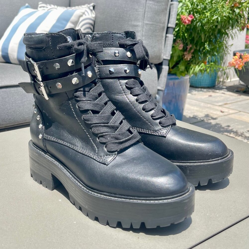 GUESS black combat style ankle length boots, size women's US 7 1/5
